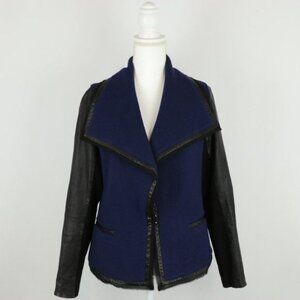 Vince Women's Size 6 Black Blue Leather & Wool Boucle Draped Collar Jacket